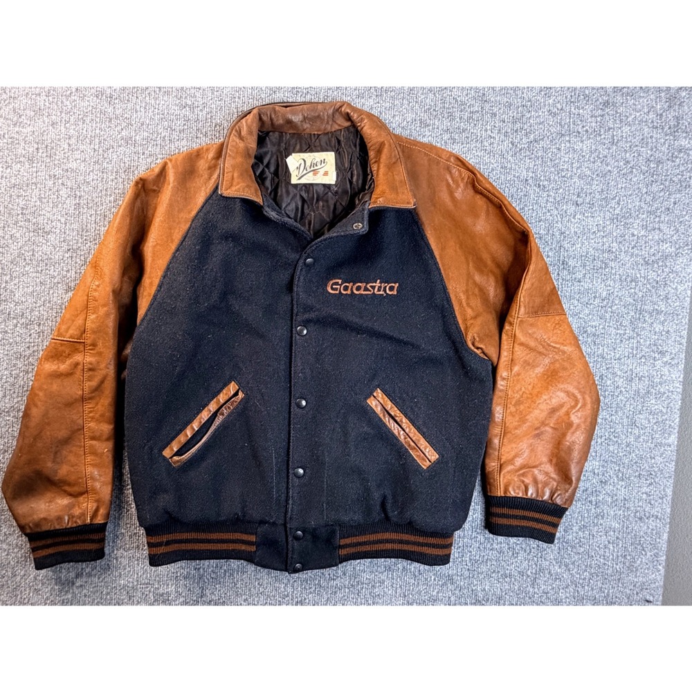 Vintage Dehen Gaastra Varsity Jacket Mens M Blue Brown Leather Wool USA Made Y2K